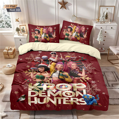 3pcs Christmas K-Pop Demon Hunters Print Coreless Bedding Set Multi Size Bedroom Bedding Decoration Machine Washable