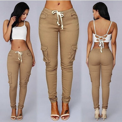 Women Slim Fit Pencil Pants Multi Pocket Drawstring Tie Waist Casual Trousers with Belt