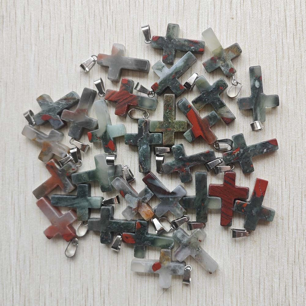 Wholesale 50pcs/lot Fashion Hot Sell Natural Stone Mixed Color Assort Cross Pendants Charms Fit Necklaces Jewelry Making