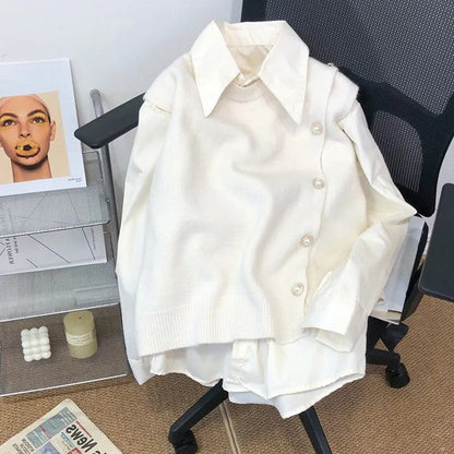 Japanese Women's Knitted Vest Shirt Two-Piece Set 2025 Spring Autumn Casual Side Buckle Vest Matching Long Sleeve Blouse