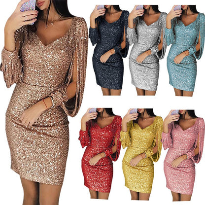 Plus Size Dresses for Women Elegant Long Sleeve Sequin Mini Dresses Sexy Ruched Bodycon Sparkly Glitter Cocktail Party Dresses