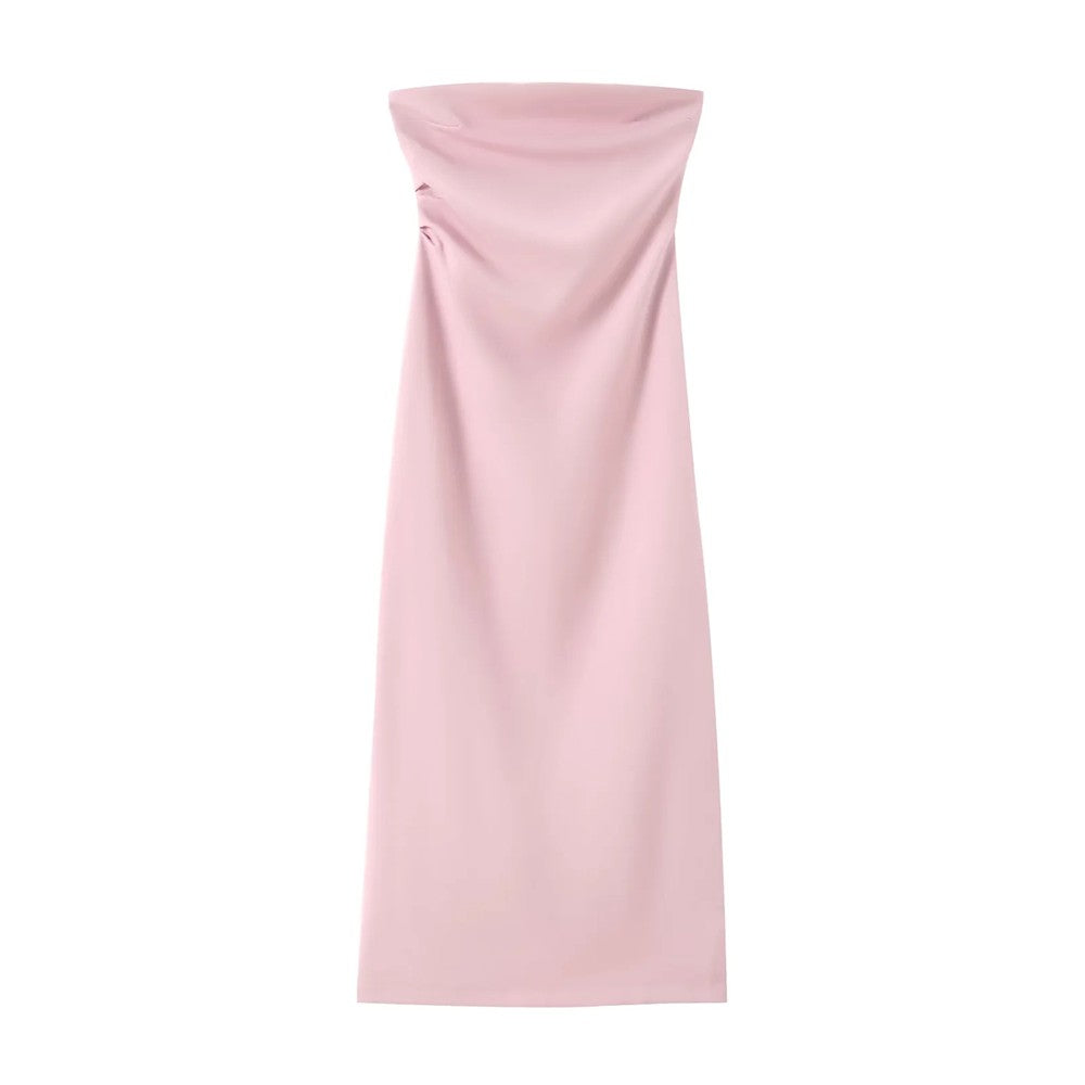 TRZA Women Fashion Strapless Gathered Midi Dress Sexy Straight Neck Back Slit Fe