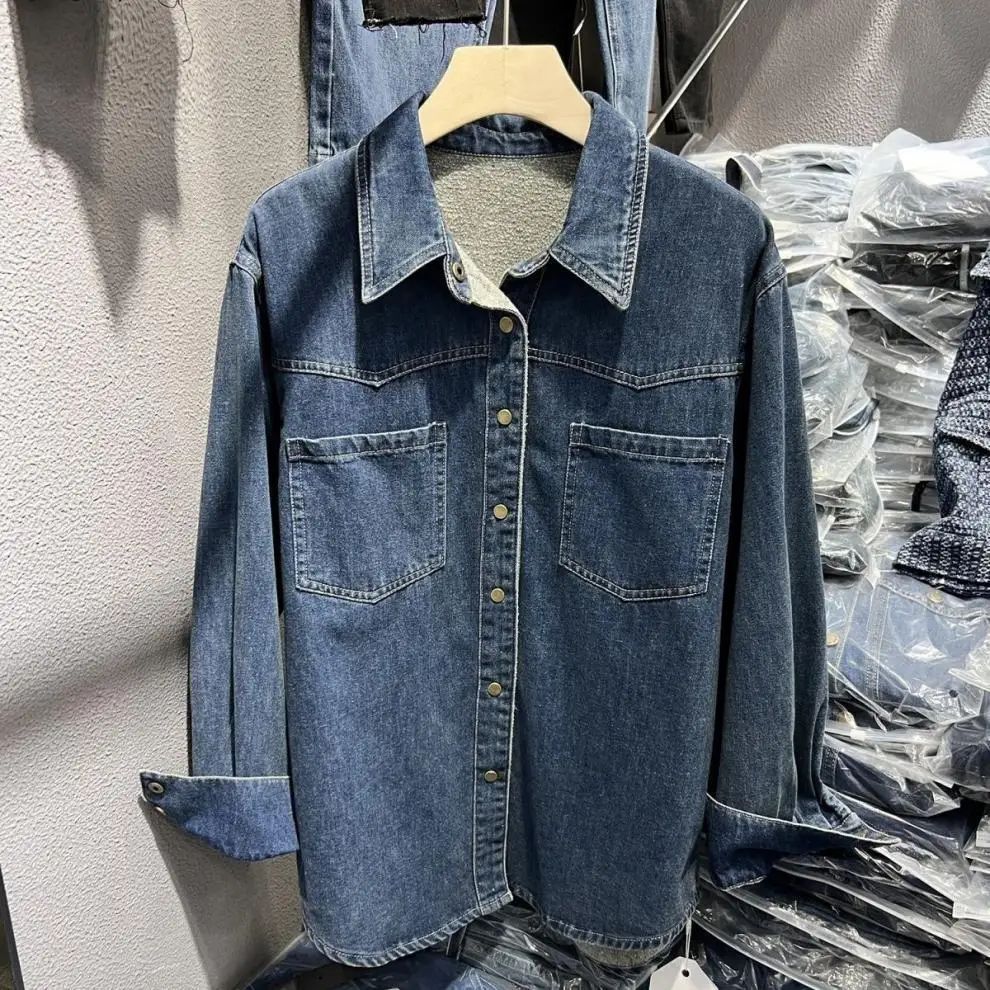Women's Fleece Lined Thick Denim Shirt Long Sleeve Retro Outerwear Top Quality Material Fashionable Design Spring Autumn Essenti