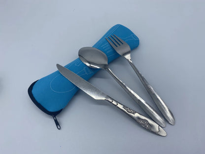7/3 Peças Conjunto de Talheres de Aço Inoxidável para Acampamento ao Ar Livre Faca de Bife Garfo Colher para Comida Ocidental Bolsa de Pano Criativa Portátil