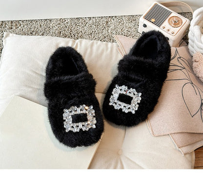 2025 Autumn Winter Children Warm Fur Shoes Fashion Rhinestone Moccasins Flats Outwear Girls Shoes Khaki, Beige, White