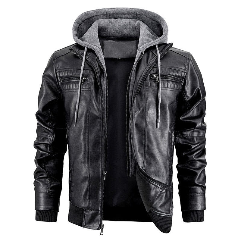 Men's PU Leather Jacket Hooded Motorcycle Slim Fit Casual Coats Men Autumn Winter Windproof Hat Detachable Biker Leather Outwear