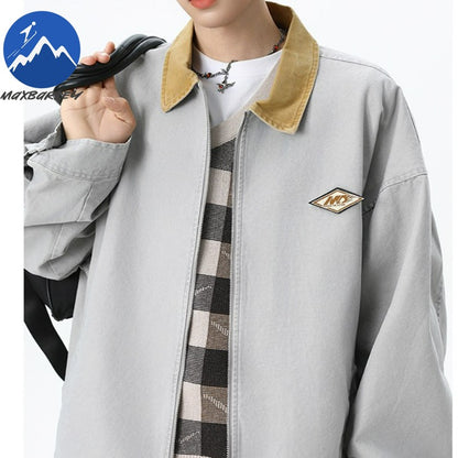 Maxbarley Trendy Cotton Jacket Men Autumn 2025 Hip-Hop Stitching Windproof Lapel Jackets K-Pop Antique Washed Motorcycle Coat