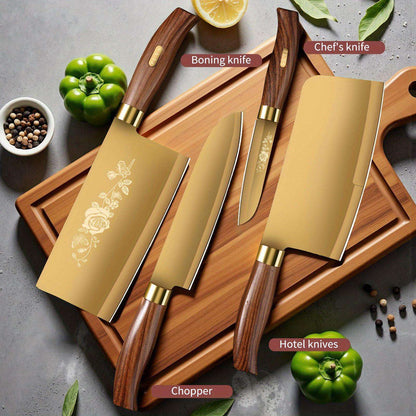Conjunto de Facas de Cozinha Douradas de Luxo - Lâminas de Aço Inoxidável de 4 Peças com Revestimento de Titânio. Cabos Ergonômicos. Facas de Alta Performance