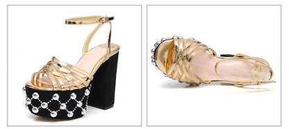 Luxury Brand Women's Summer Fashion Metal Platform Sandals Large 34-42 Super High Heel Thick Bottom Rivet Party Women's Shoes