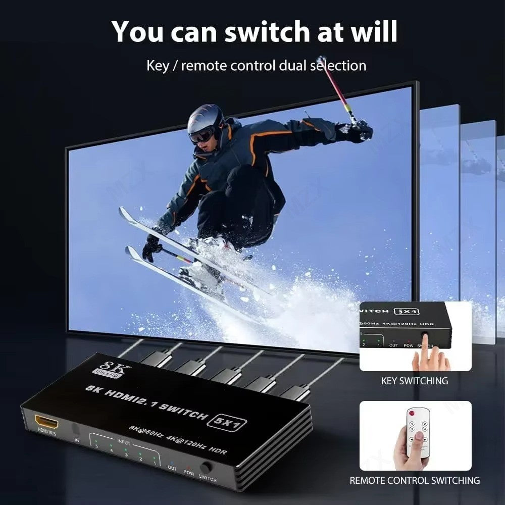 MZX 8K KVM Switch HDMl2.1 Switcher Video 8K@60Hz 4K@120Hz 48Gbps HDR10 Selector Video Converter 5/4/3 in 1 Out for PS5 Xbox PC