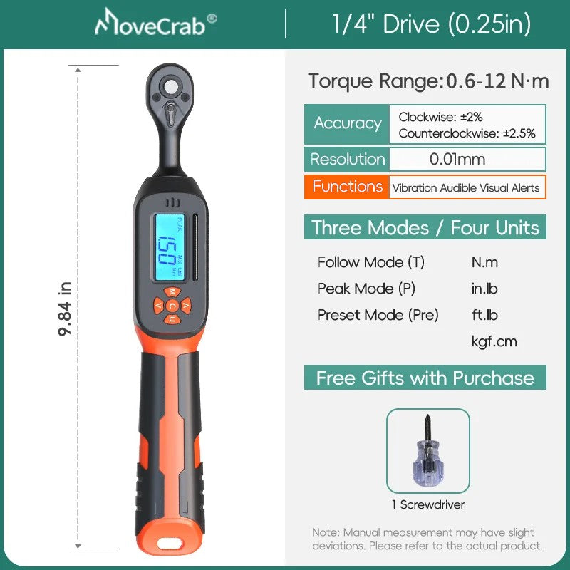 Chave de Torque Digital MOVECRAB 1.5-340 N.m com Valores Predefinidos, Precisão de 2%, Buzzer e Notificação por Flash LED