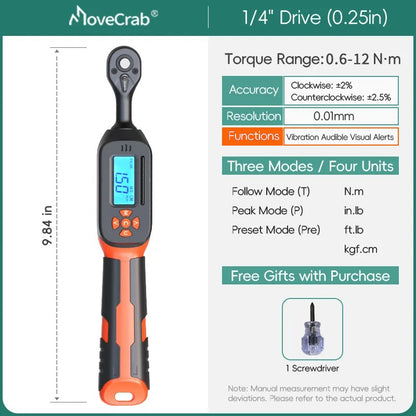 Chave de Torque Digital MOVECRAB 1.5-340 N.m com Valores Predefinidos, Precisão de 2%, Buzzer e Notificação por Flash LED