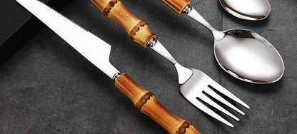 Conjunto de Talheres com Cabo de Bambu Natural, Talheres de Aço Inoxidável, Talheres de Cozinha, Inclui Garfos Colheres Facas Talheres