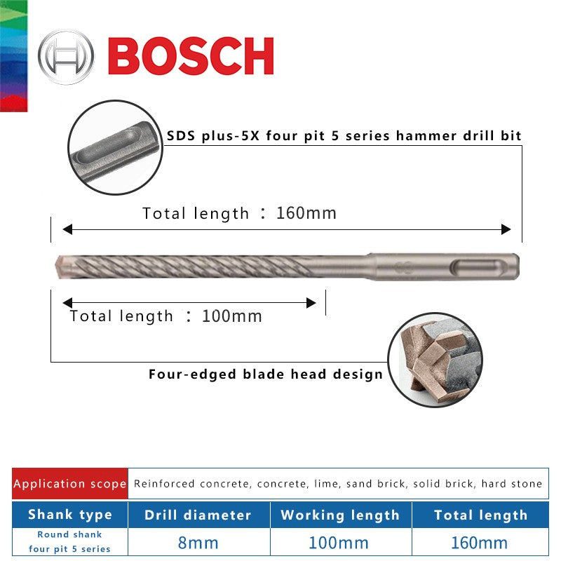 BOSCH Broca para Concreto e Madeira para Martelo Elétrico de Quatro Furos e Duas Ranhuras, de Duas Pontas, Série 5, com Haste Redonda