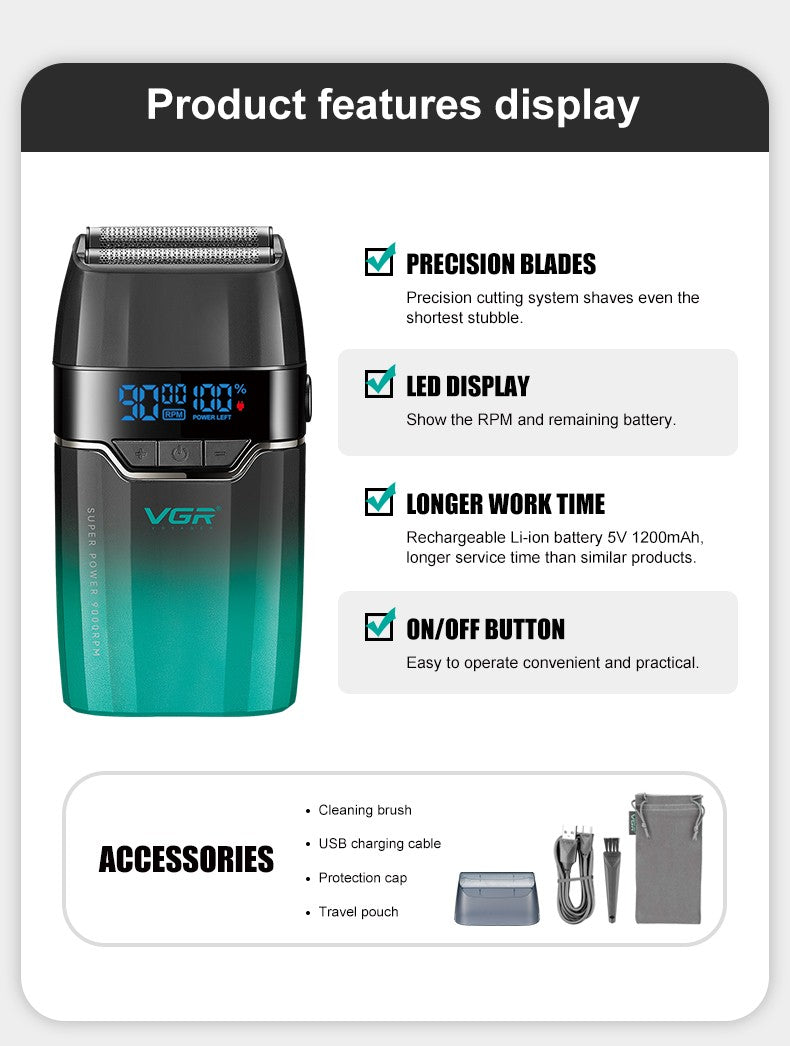 VGR Face Shaver 9000 RPM Foil Shaver LED Electric Shaver Professional Beard Trimmer Reciprocating Shaving Machine for Men V-308
