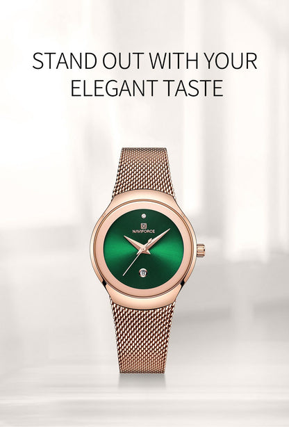 NAVIFORCE Luxury Green Analog Date Quartz Fashion Ladies Watches Mesh Steel Strap Waterproof Business Women Wristwatch Clocks