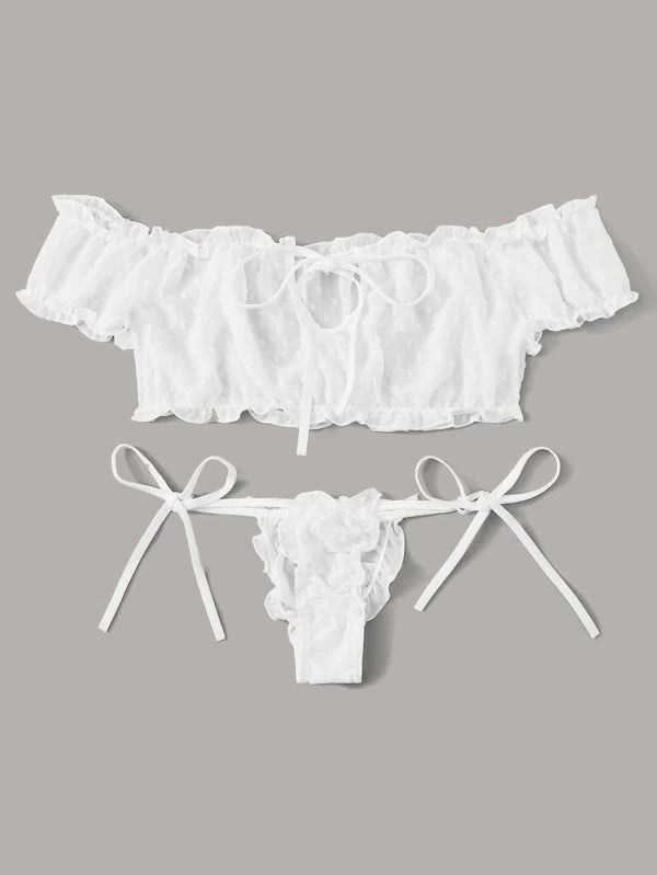 2PCS Off Shoulder Lace Up Bikini Set Women Sweet Casual Short Sleeve Swimsuits Beachwear Bathing Suits Sexy Lingerie