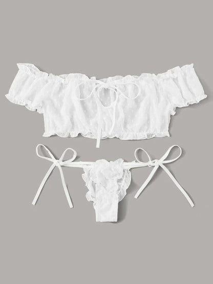 2PCS Off Shoulder Lace Up Bikini Set Women Sweet Casual Short Sleeve Swimsuits Beachwear Bathing Suits Sexy Lingerie