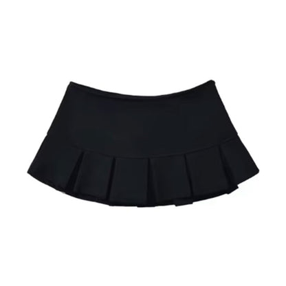 Mooyufon Fabric Y2K Mini Skirt Women Low Waist Wide Pleat Light Grey Sexy Vintag