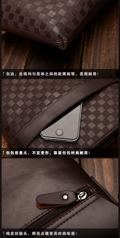 New Men's Single Shoulder Crossbody Bag with Trendy Checkerboard Pattern Embossed Casual Business Bag with Diamond Pattern