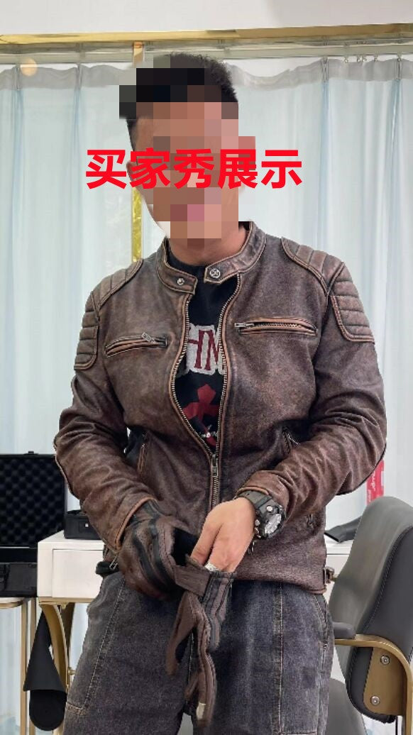 Vintage Heavyweight Cowhide Jacket, Distressed Genuine Leather Coat for Men with Stand Collar, Biker Motorcycle Leather Jacket