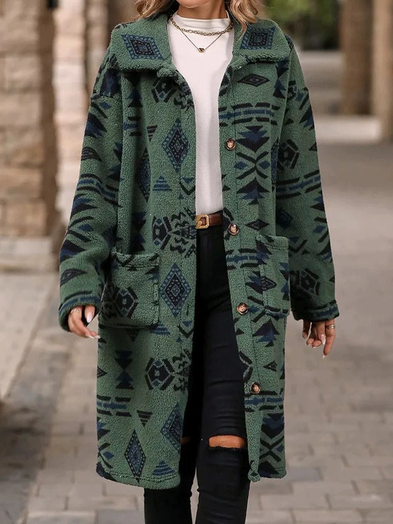 2025 New Women's Overcoat Jacket European American Style Single-breasted Ethnic Printed Fleece Long Length For Autumn Winter