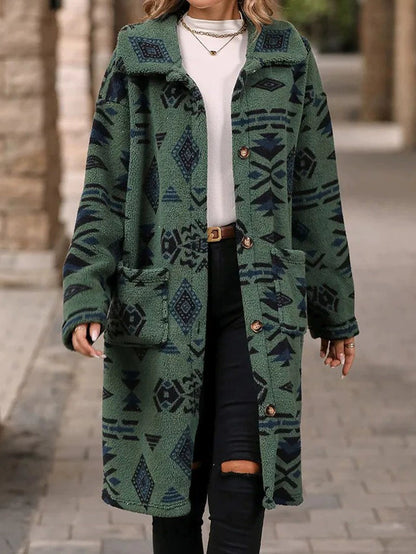 2025 New Women's Overcoat Jacket European American Style Single-breasted Ethnic Printed Fleece Long Length For Autumn Winter