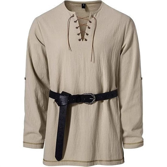 Men's Medieval Lace Up Tunic Shirt Renaissance Viking Pirate Costume Long Sleeve Retro Tops with Belt for Halloween Cosplay