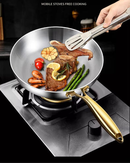 KEMORELA 316 Stainless Steel Frying Pan With Golden Handle Wok Pan Nonstick Cooking Fried Steak Gas Stove Pot Universal Pan