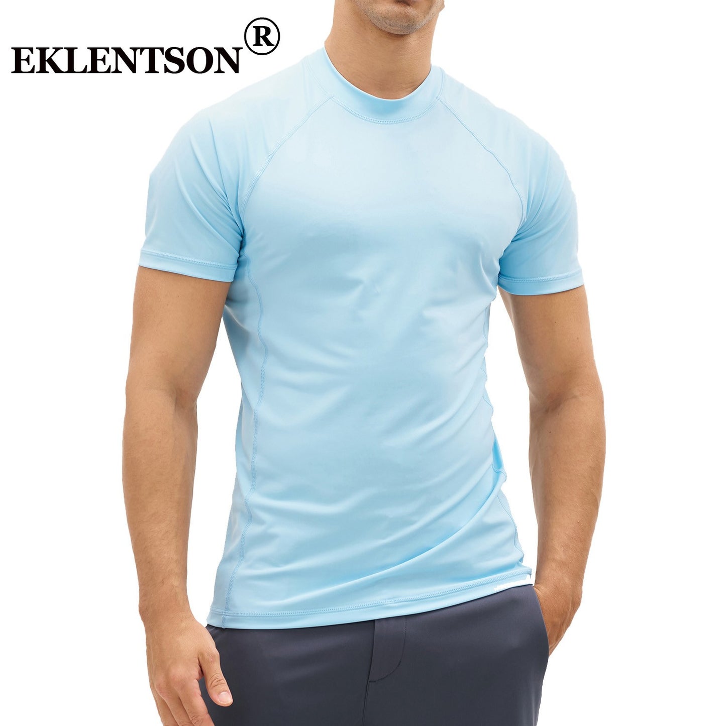 EKLENSON Men's Rashguard Swim Shirt Short Sleeve Mock Neck UPF 50+ T Shirts Loop Hem Quick Dry Loose Fit Water Surfing Shirt