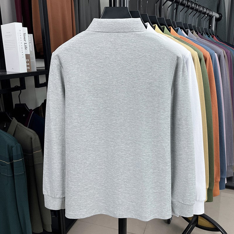 100% pure cotton spring and autumn fashionable men's collar striped long sleeved polo shirt brand embossed casual T-shirt