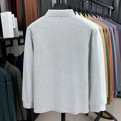 100% pure cotton spring and autumn fashionable men's collar striped long sleeved polo shirt brand embossed casual T-shirt