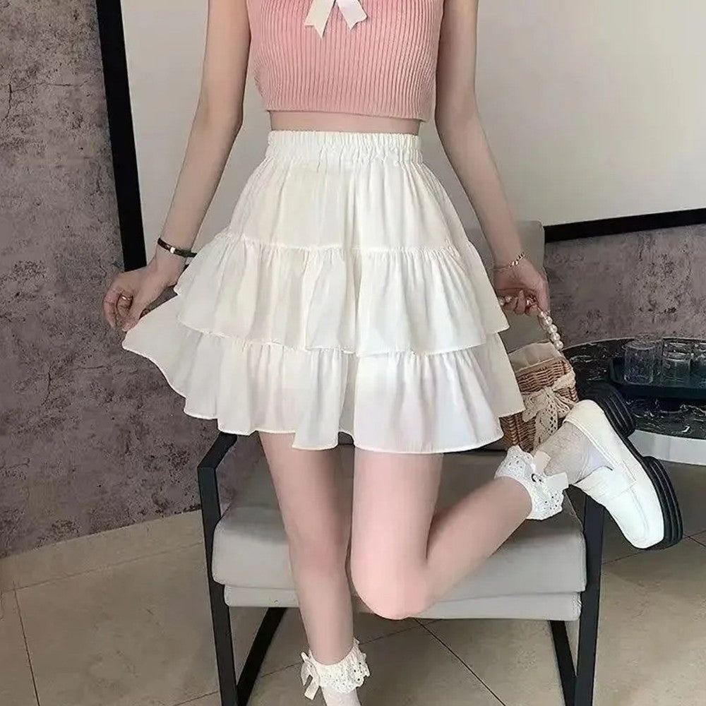 Pleated A-line Skirt White Women Ruffles Sweet Hottie Preppy Style Elastic Elast