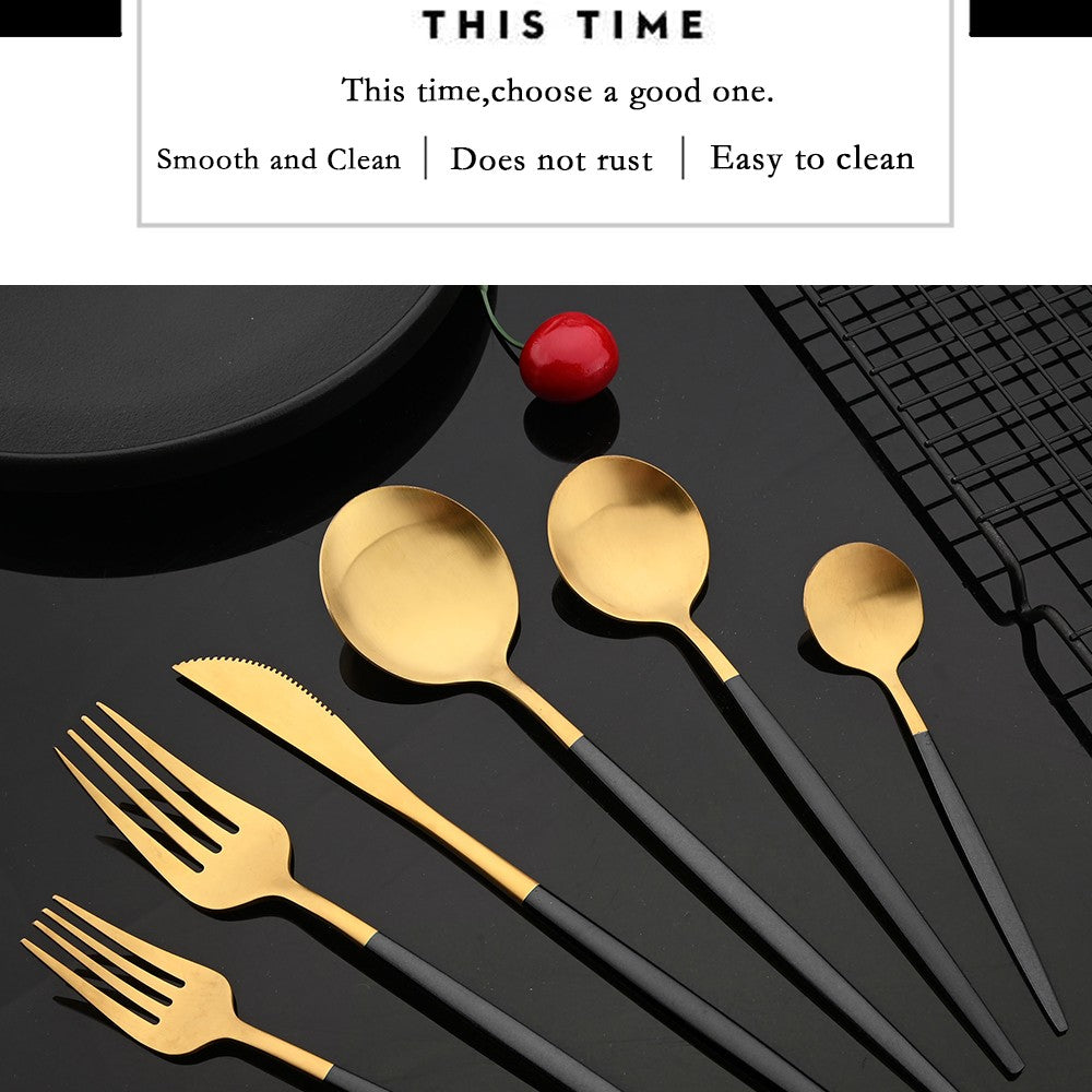 Talheres de Aço Inoxidável Preto Dourado Kit de Talheres Faca de Jantar Colher de Café Garfo Garfo de Salada Colher Faqueiro
