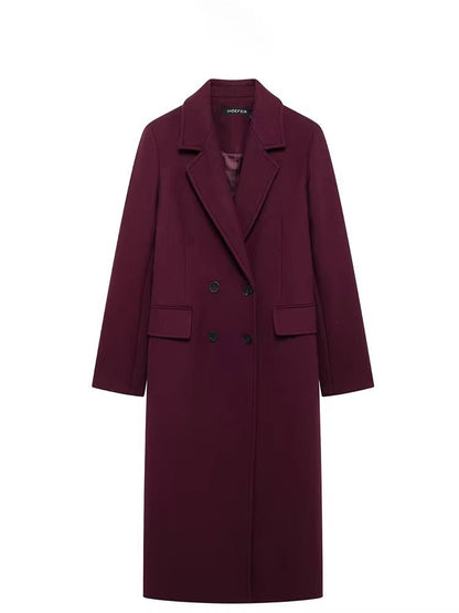 HH Women Fashion Burgundy Woolen Coat Double Breasted Long Sleeve Lapel Blends Jacket Autumn Winter High Street Outerwear