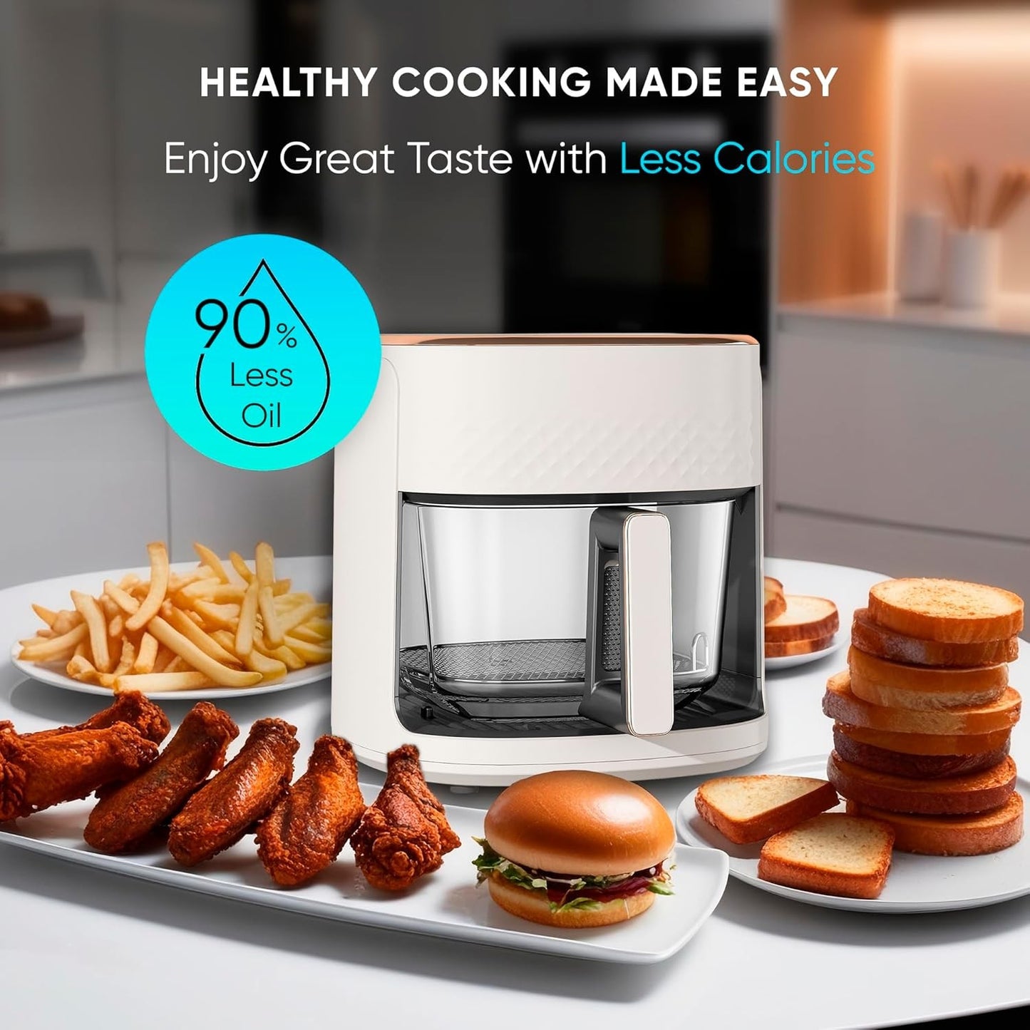 Fritadeira de Ar Cesto de Vidro 4.5 Litros | Tecnologia Inovadora Para Cozinhar Facilmente sem Óleo | Fritar, Assar, Grelhar Refeições Dietéticas | Diswa