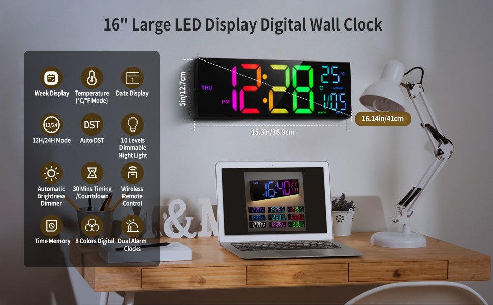 16" Large Digital Wall Clock, Big LED Display with Remote, 8 RGB Color, Alarm, DST, Temperature for Living Room, Kitchen