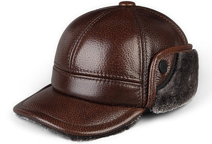 High Quality Genuine Leather Hats Winter First Layer Cowhide Warm Earmuffs Bomber Caps Plus Velvet Thicken Man Bone Caps Dad Hat