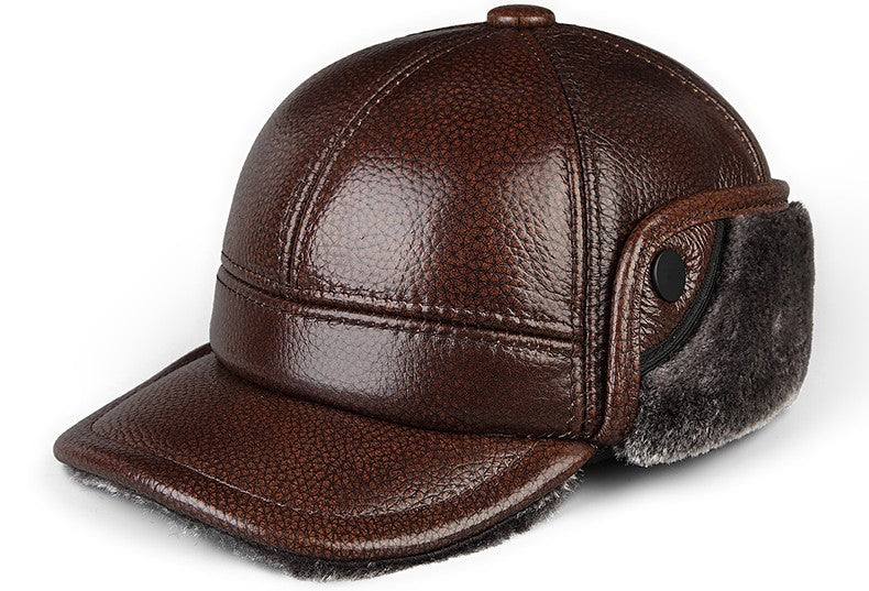 High Quality Genuine Leather Hats Winter First Layer Cowhide Warm Earmuffs Bomber Caps Plus Velvet Thicken Man Bone Caps Dad Hat