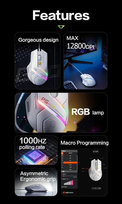 Mouse Inphic PG1 com Fio para Escritório/Jogos com 12 Efeitos de Iluminação RGB e 12800DPI, Adequado para Desktops e Laptops