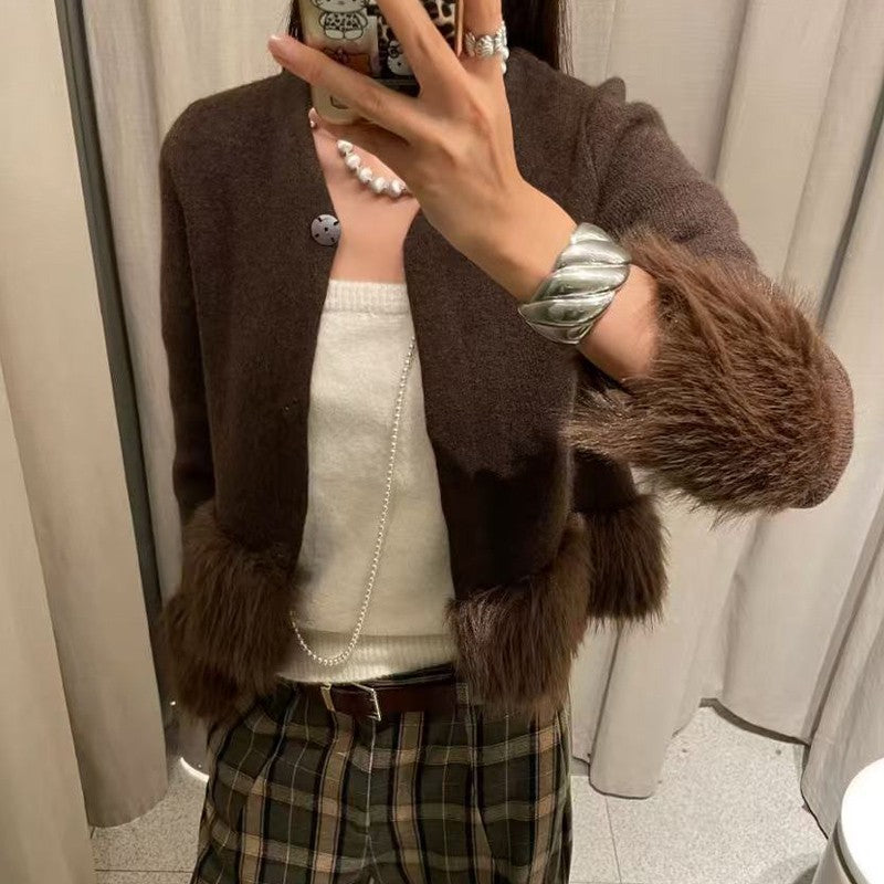 Ladies Coat With Plush Hem Faux Fur Single Breasted Patchwork Knitted Coat Autumn And Winter Daily Fashion Versatile Coat