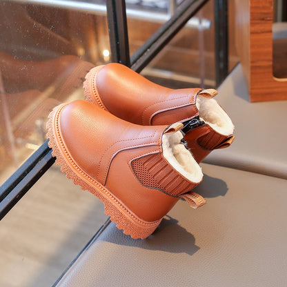 21-30 Kids Ankle Boots for Little Boys Girls Thermal Snow Boots Fashion PU Leather Children Short Rubber Boots with Thick Plush