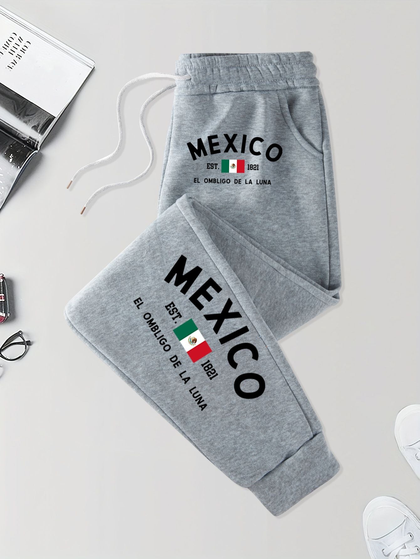 Calça de Moletom Masculina com Bolso Estampada México e Bandeira Outono Elástico na Cintura Calças Confortáveis de Rua Calça de Jogging Básica Longa