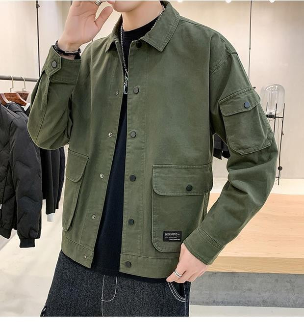 Men's Casual Jacket Spring Autumn Button Lapel Work Coat New Solid Color Multi-pocket Tops Men Fashion High Quality
