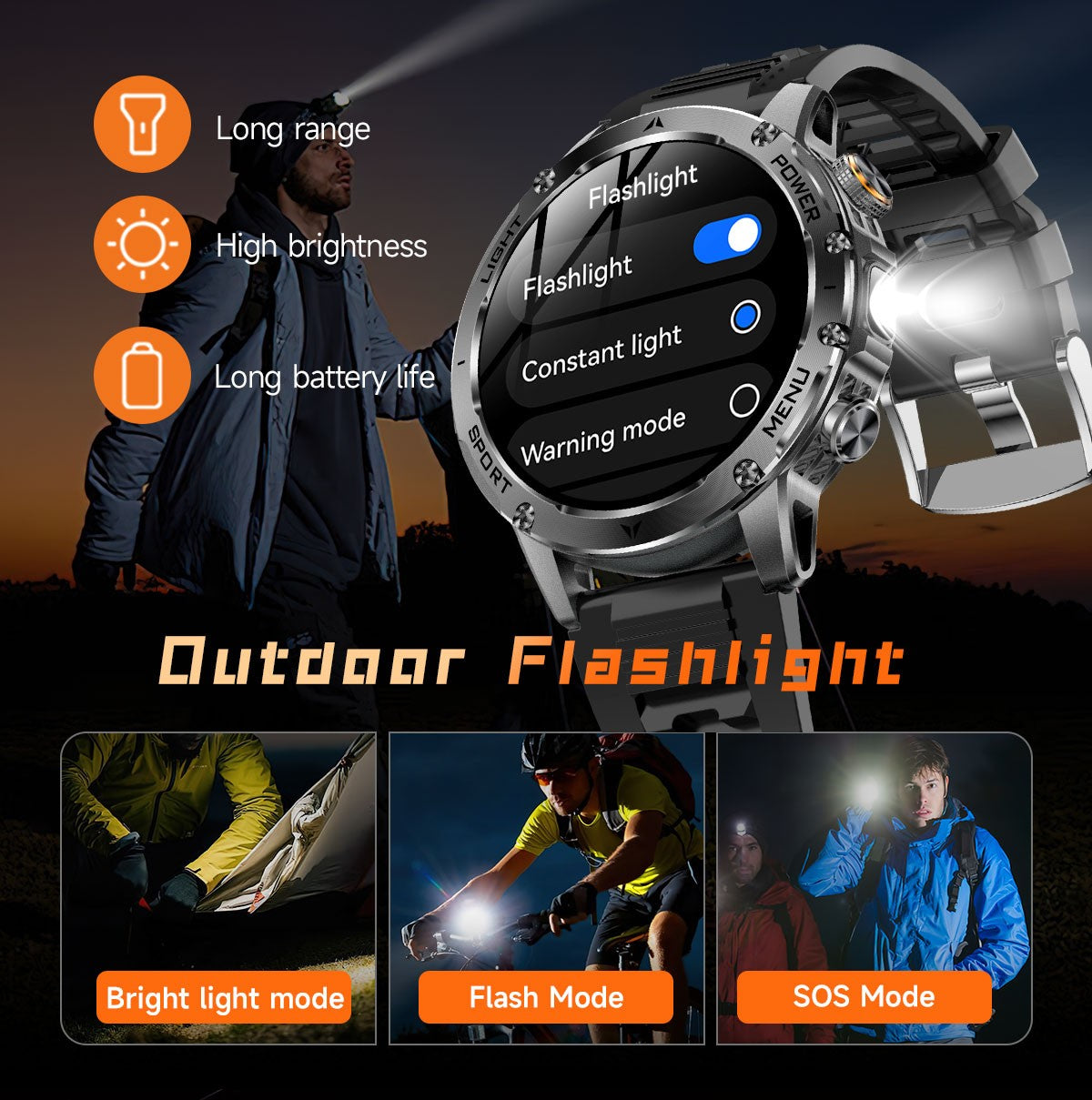 Smartwatch Militar Novo 2025 Bateria 1000mAh Monitoramento Fitness 10ATM À Prova D'Água Táticas Esportivas Lanterna Pulseira para Chamadas Masculino