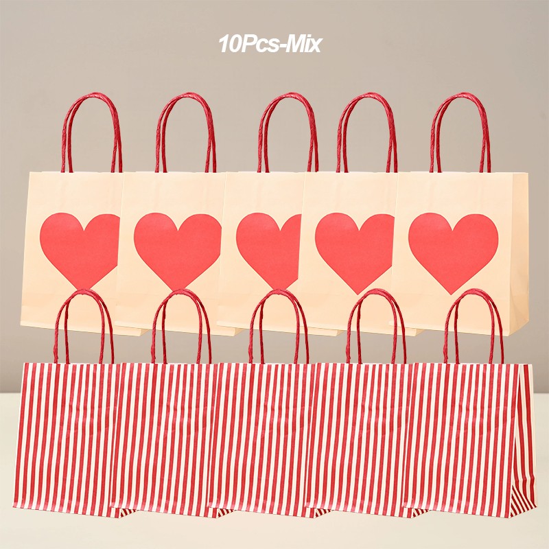 10Pcs Party Gift Bags Heart Candy Goodie Favor Kraft Paper Bags with Handles Gift Wrap for Birthday Wedding Anniversary Dating