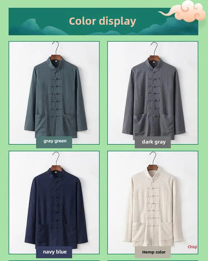 Spring Summer Long Sleeve Thin Men's Shirt Tang Suit Bamboo Cotton Linen Casual Vintage Chinese Style Kung Fu Tai Chi Tea Shirt