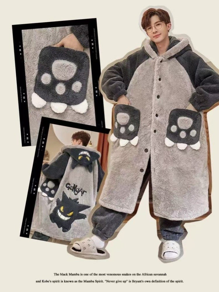 Gengar Pajamas Suit Anime Pokemon Winter Coral Fleece Nightgown Large Size of Thickened Warm Cartoon Men Hooded Home Suit Set
