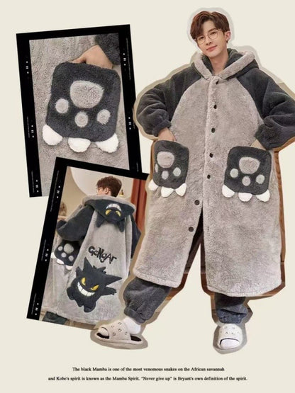 Gengar Pajamas Suit Anime Pokemon Winter Coral Fleece Nightgown Large Size of Thickened Warm Cartoon Men Hooded Home Suit Set