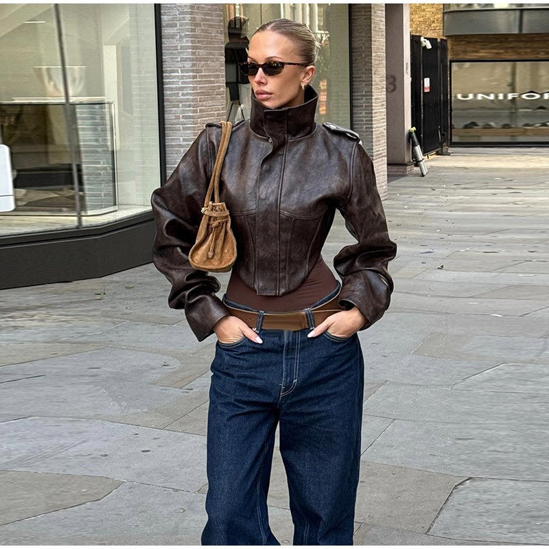 Vintage Women's Cropped Faux Leather Jacket Stand Collar Balloon Sleeve Biker Style PU Leather Coat Streetwear Fashion Outfit